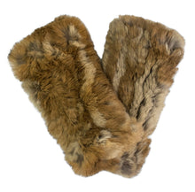 Load image into Gallery viewer, A set of Rex Rabbit Hand Warmers in a fluffy, brown color with a soft, textured surface. Arranged crossed over each other on a plain white background, they display their rich, natural color variations and plush material.
