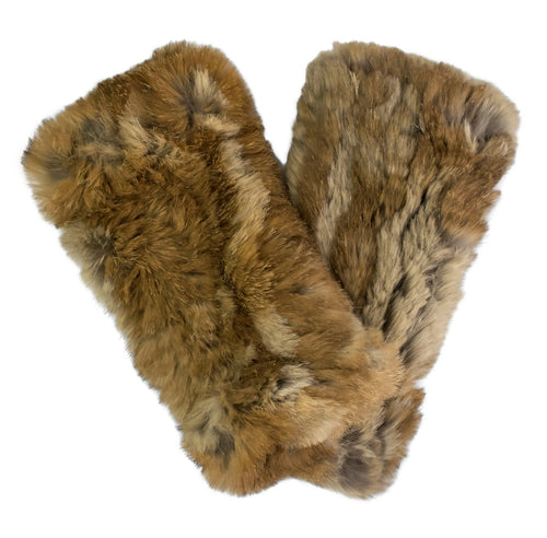 A set of Rex Rabbit Hand Warmers in a fluffy, brown color with a soft, textured surface. Arranged crossed over each other on a plain white background, they display their rich, natural color variations and plush material.