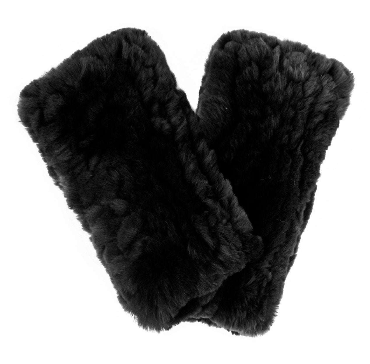 A pair of Rex Rabbit Hand Warmers in black, displayed overlapping on a white background. The genuine fur texture looks soft and plush, indicating warmth and comfort. These thick wrist cuffs feature densely packed fur, giving off a luxurious feel.