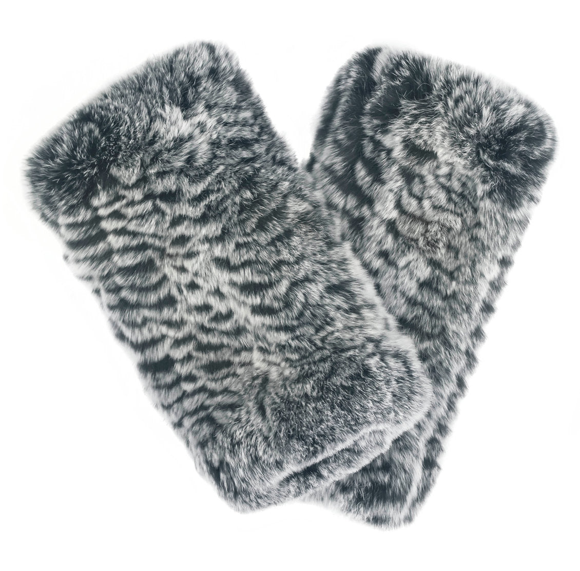 The Rex Rabbit Hand Warmers, featuring two fluffy, grey and black faux fur fingerless gloves, exhibit a warm, textured pattern resembling animal fur. Placed overlapping on a white background, they emphasize their plush and cozy appearance reminiscent of real Rex Rabbit softness.