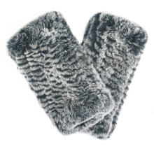 Load image into Gallery viewer, The Rex Rabbit Hand Warmers, featuring two fluffy, grey and black faux fur fingerless gloves, exhibit a warm, textured pattern resembling animal fur. Placed overlapping on a white background, they emphasize their plush and cozy appearance reminiscent of real Rex Rabbit softness.
