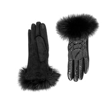 Load image into Gallery viewer, Displayed are two chic black gloves from the Metallic Puffer Glove with Fox Trim collection. The left glove, showcased palm down, features a soft knit base complemented by a fuzzy faux fur cuff. In contrast, the right glove is presented palm up, highlighting its sleek leather-like finish with meticulous stitching and an elegant fox fur trim. Both gloves are tastefully adorned with black faux fur accents.
