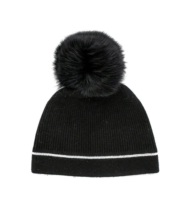 This Knit Beanie, adorned with a Crystal Contrast Line, features a black design with a large, fluffy fox fur pom-pom on top and boasts a ribbed texture with a white stripe near the base.