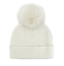 Load image into Gallery viewer, The Knit Crystal Beanie with Fox Fur Pom-Pom boasts a pristine white knit design adorned with a textured pattern and topped with an elegant fox fur pom-pom. Featuring a folded brim, this beanie offers both extra warmth and style, while the slightly lighter shade of the pom-pom adds a delicate contrast to enhance its chic appeal.
