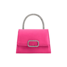 Load image into Gallery viewer, The Sadie Satin Top Handle Bag is a small, vibrant pink bag with a structured design and a glittering rhinestone top handle. It has a silver accent around the rectangular buckle on the front flap and is elegantly presented against a white background.
