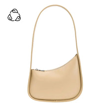 Load image into Gallery viewer, The image displays the Willow Recycled Vegan Shoulder Bag, a beige crescent-shaped design with a long strap draped in a U shape. It features a top zipper and a small abstract logo on the top left corner, all set against a plain white backdrop to highlight its minimalist appeal.
