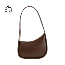 Load image into Gallery viewer, The Willow Recycled Vegan Shoulder Bag is crescent-shaped, with a brown vegan leather exterior and minimalist design. It features a long strap, top zipper closure, and an abstract black logo of three interlocking loops on a white background at the top left corner.
