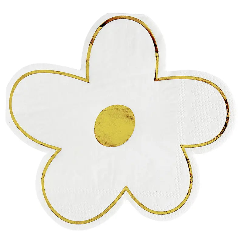 The "Cocktail Napkins - Hearts and Flowers" features a flower-shaped design with a white base, gold circular center, and gold-trimmed petals, ready to elegantly enhance your party or happy hour setting against a plain white background.