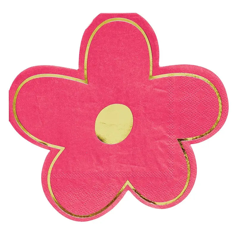 The Hearts and Flowers Cocktail Napkins feature a pink, flower-shaped design with four rounded petals and a gold center. The gold-trimmed edges and slightly embossed texture add charm to any gathering, making them perfect for parties or casual get-togethers.