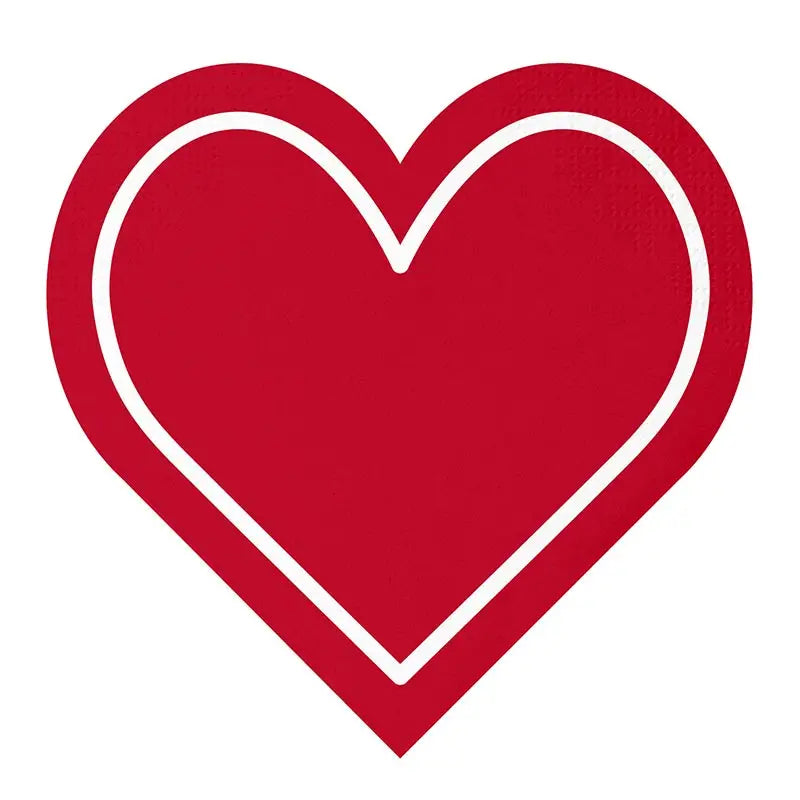 These "Cocktail Napkins - Hearts and Flowers" feature a bold red heart with a white outline on a plain white background, offering smooth curves and symmetry for any party. The outlined design enhances contrast, adding simplicity and elegance.