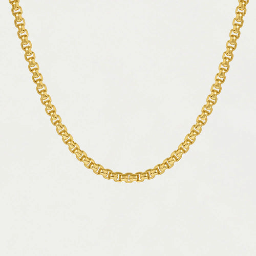 The Tokyo Chain Necklace is displayed on a plain white background, showcasing interlocking gold-plated oval links with a polished finish. This adjustable necklace elegantly curves to highlight its flexibility and craftsmanship.