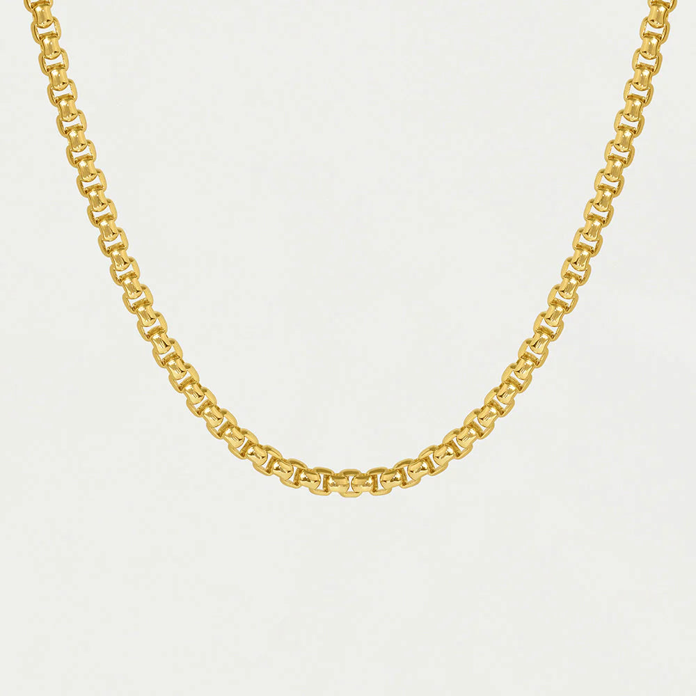 The Tokyo Chain Necklace is displayed on a plain white background, showcasing interlocking gold-plated oval links with a polished finish. This adjustable necklace elegantly curves to highlight its flexibility and craftsmanship.