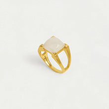 Load image into Gallery viewer, The Mini Plaza Ring boasts a modern, minimalist design with a large, hand-faceted centerpiece gemstone. This gold ring features an elegantly split band and sits at a slight angle on a plain white background.
