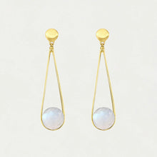 Load image into Gallery viewer, Introducing the Mini Ipanema Earrings: elegant gold teardrop earrings featuring ethically sourced, iridescent white stones. They have a minimalistic design with delicate teardrop-shaped gold wire and a flat circular gold piece at the top for sophistication.
