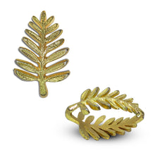 Load image into Gallery viewer, Gold-colored jewelry set including a ring and matching earring, crafted in stainless steel. The design emulates a laurel leaf with intricately etched leaves. The circular ring mirrors the Golden Napkin Holder, while the earring features a single leaf shape, both displaying a textured, metallic finish.
