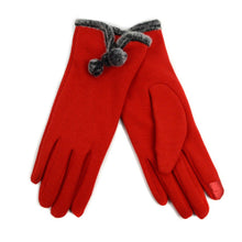 Load image into Gallery viewer, Women&#39;s Stylish Touch Screen Gloves with Fur Trim &amp; Fleece come in a vibrant red color and feature a chic gray fur trim complemented by two playful pom-poms on each wrist. With their smooth texture and cozy fleece lining, the right glove provides touch-screen compatibility on both the index finger and thumb, conveniently indicated by small red patches. These gloves are elegantly displayed against a white backdrop.
