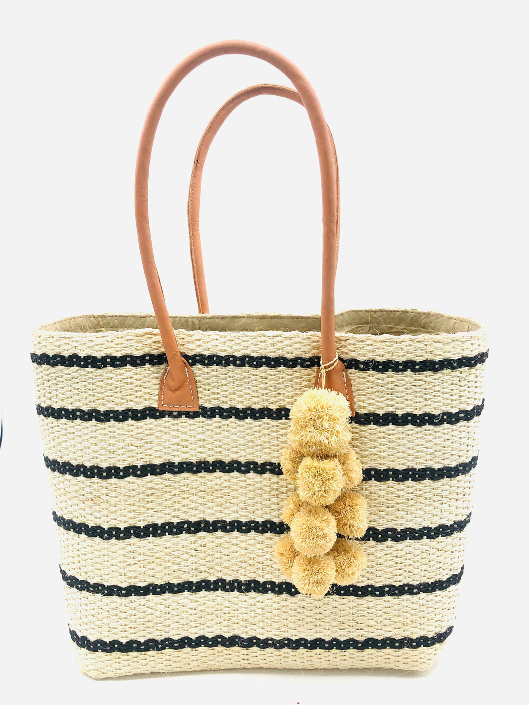 Capitola Pinstripes Sisal Basket Bag with Waterfall Pompoms