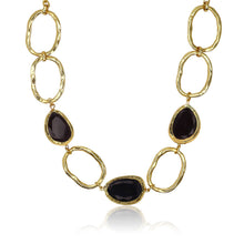 Load image into Gallery viewer, Introducing the Vivid Gems Trio Necklace, a gold-tone masterpiece showcasing an alternating pattern of textured oval links and striking large black stones. These stones are set in unique, organic shapes that enhance its artistic elegance. With a polished finish, this statement piece is ideal for sophisticated styling in any jewelry collection.
