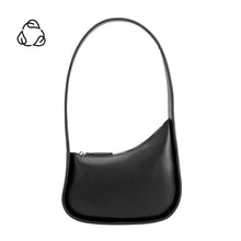 Load image into Gallery viewer, The Willow Recycled Vegan Shoulder Bag is a sleek, black crescent-shaped minimalist shoulder bag made from eco-friendly vegan leather. It includes a top zipper closure and single strap, with no visible branding except a recycling symbol in the top left corner.
