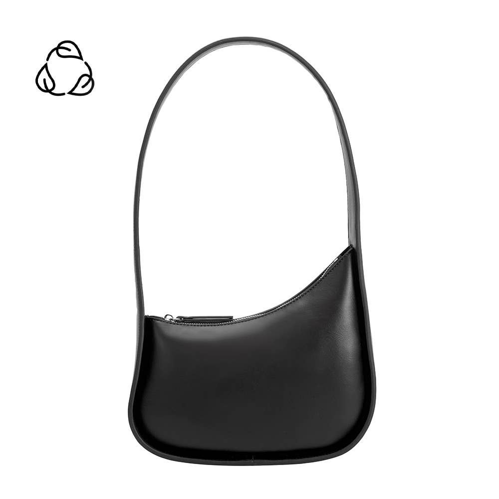 The Willow Recycled Vegan Shoulder Bag is a sleek, black crescent-shaped minimalist shoulder bag made from eco-friendly vegan leather. It includes a top zipper closure and single strap, with no visible branding except a recycling symbol in the top left corner.