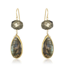 Load image into Gallery viewer, Introducing the Alexa Labradorite earrings, featuring elegant faceted pyrite stones at the top and labradorite drops below, all set in gold. The shimmering blues and greens of the labradorite beautifully complement the design, while gold-filled ear wires ensure a secure fit.
