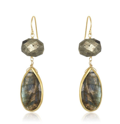 Introducing the Alexa Labradorite earrings, featuring elegant faceted pyrite stones at the top and labradorite drops below, all set in gold. The shimmering blues and greens of the labradorite beautifully complement the design, while gold-filled ear wires ensure a secure fit.