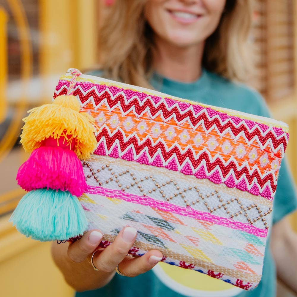 Colorful Mixed Embroidery Clutch with Tassel