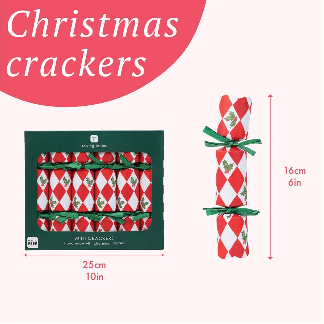 Holly Red &amp; White Harlequin Mini Christmas Crackers - 6 Pack