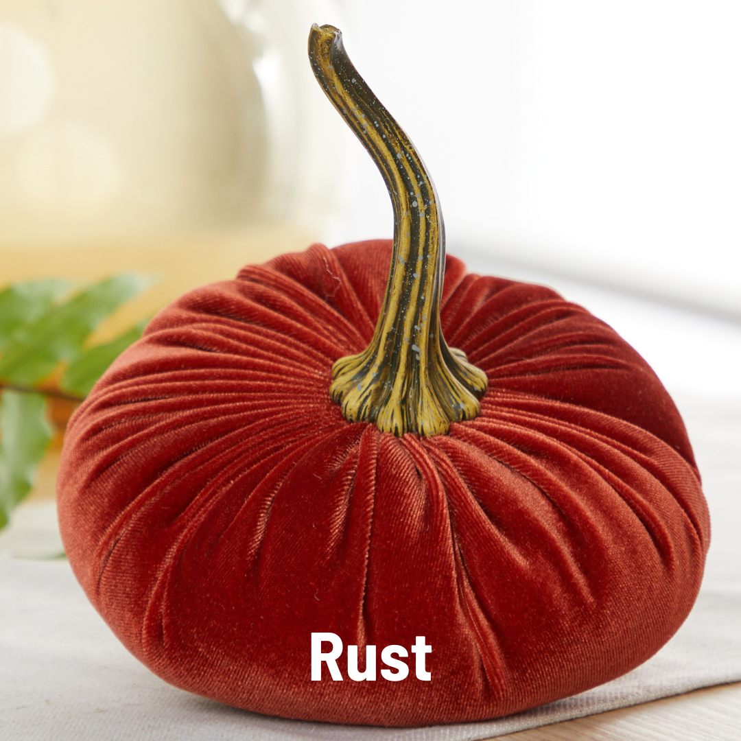 A Handmade Large Velvet Pumpkin, with a lush rust-colored, velvety texture, rests on a white surface, making it ideal for fall decorating. It showcases an elongated textured stem in shades of brown and green. The word "Rust" is elegantly displayed across its lower section, accompanied by a subtly blurred green leaf in the background.