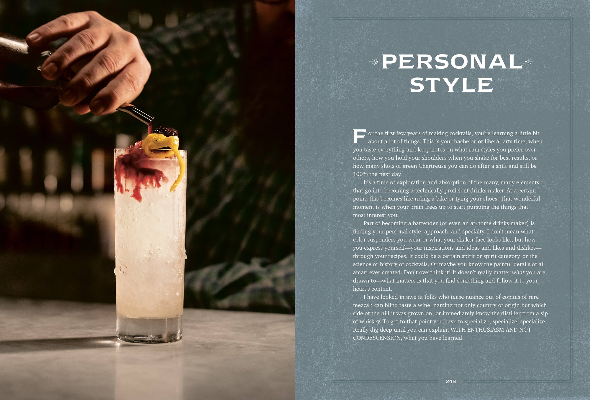 A skilled hand pours a liquid into a tall, frosty cocktail glass garnished with lemon and cherry, exemplifying the artistry of mixology according to "The Bartender's Manifesto." The blurred shelves of glassware in the background highlight the craft of bartending. Text on the right reads "Personal Style," focusing on whisky cocktails and experiences. Page 243 is noted below.