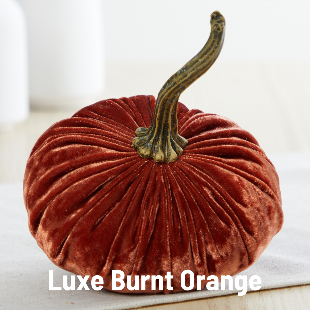 A plush pumpkin made from burnt orange velvet with a ribbed texture and a lifelike dark green stem, ideal for fall decorating, displays the text "Luxe Burnt Orange" in white letters at the bottom. It sits gracefully on a light-colored surface against a blurred white background. This item is part of the Handmade Small Velvet Pumpkins collection.