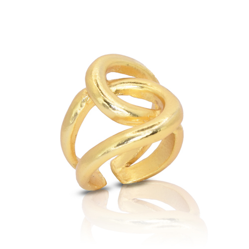 The Intertwined Link Oversize Ring is crafted from sterling silver, showcasing a twisted design with three intertwined loops. Its polished metal surface enhances its shine, reflecting light beautifully. The ring stands upright, casting a subtle shadow on the white background.