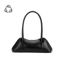 Load image into Gallery viewer, The Dakota Recycled Vegan Shoulder Bag in black offers a sleek, structured shape with two long, rounded handles. It features a smooth texture, gold zipper detailing at the top, and an abstract logo on a plain white background.
