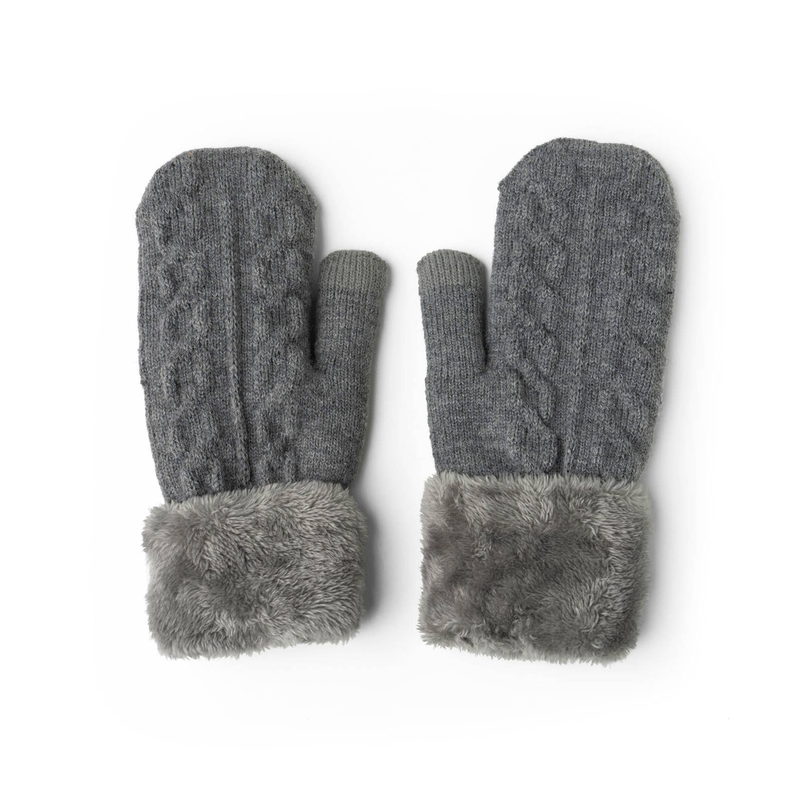 Introducing the Cozy Cable Knit Mittens: These mittens feature a beautiful gray cable knit pattern with an ultra-warm plush lining. The darker gray furry cuffs add an extra snug touch, and the visible thumb area provides a contrasting detail to the main design. Additionally, the discreet texting fingertip enhances their functionality.