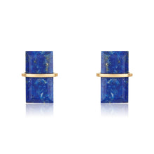 Load image into Gallery viewer, Lapis Studs are rectangular cufflinks made from blue lapis lazuli, adorned with handcrafted gold bands across the center, set against a white background. These accessories are filled with 14k gold and feature natural gold flecks, enhancing their rich color for an elegant finish.
