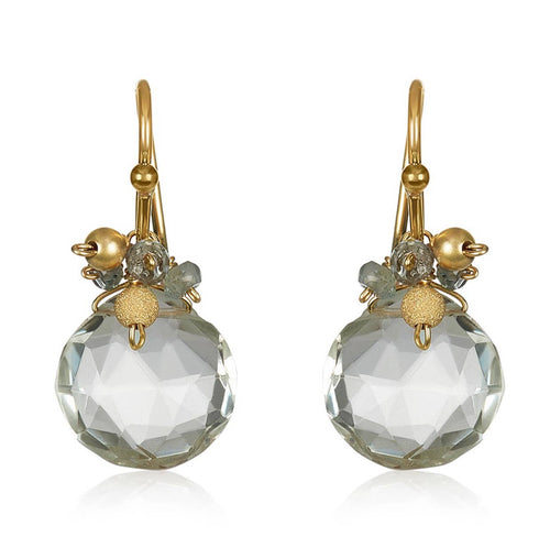 The Mini Cluster Earrings in gold-filled design present a sophisticated and glamorous appearance with their elegant drop style. They feature large, round faceted clear gemstones complemented by sapphire roundels, small gold beads, and delicate gray-blue stones. All elements are set on slender gold hooks for a truly refined look.