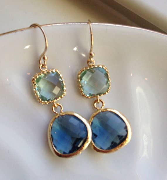 Sapphire Navy Prasiolite Glass and Gold Plated Earrings