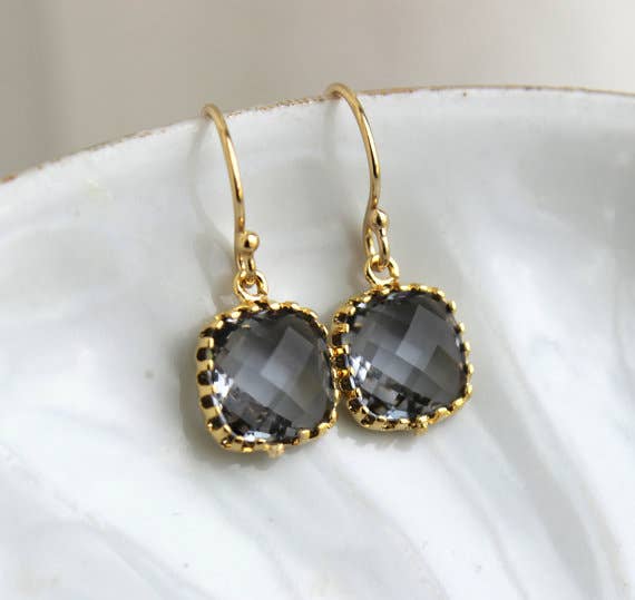 Dainty Charcoal Gray Glass and Gold Earrings