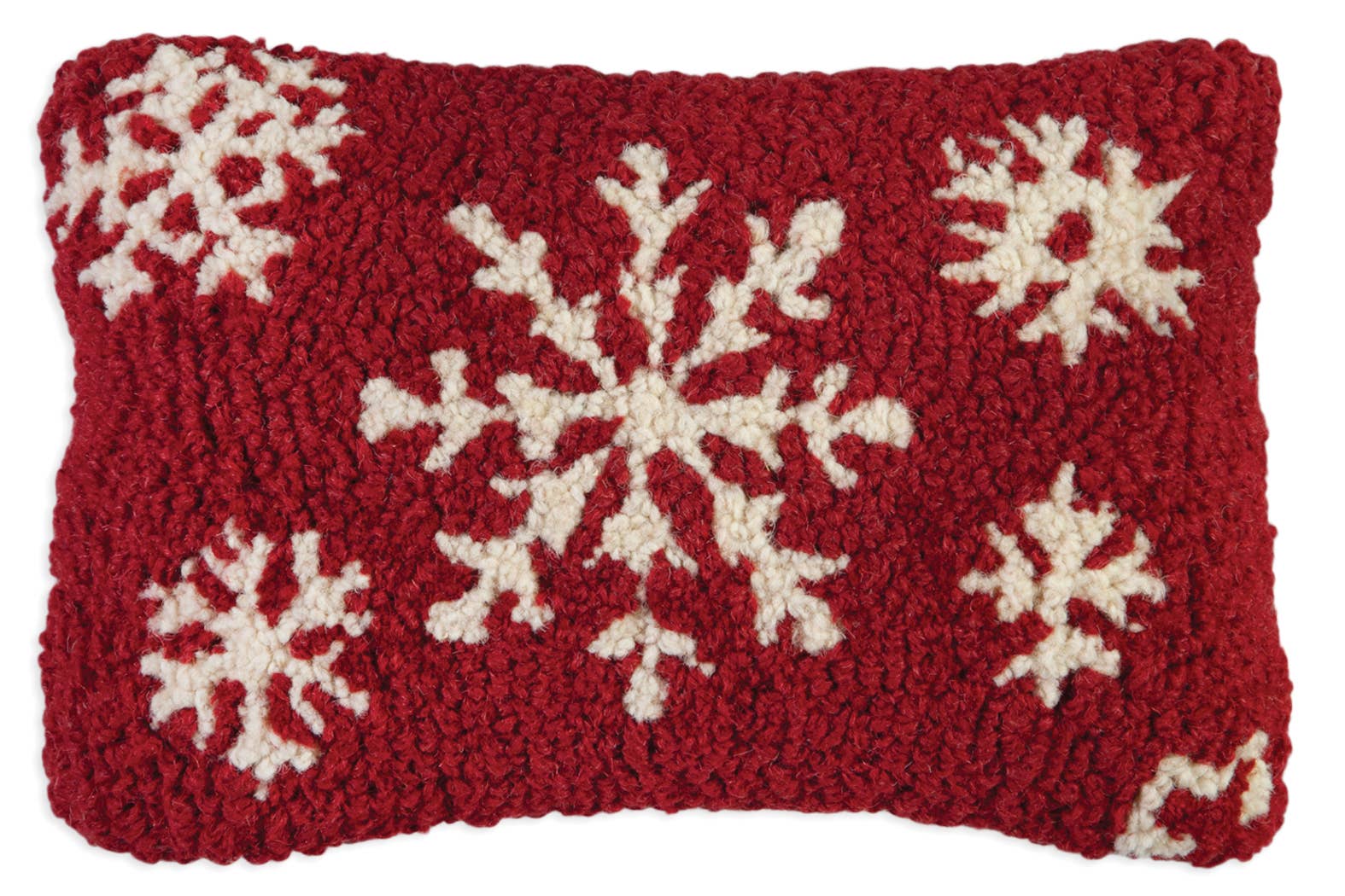 The Five White Flakes Pillow is a rectangular, plush red cushion featuring large white snowflake patterns made from 100% natural wool. This hand-hooked pillow displays five snowflakes of varying sizes, adding a cozy and festive touch to your Christmas decor.