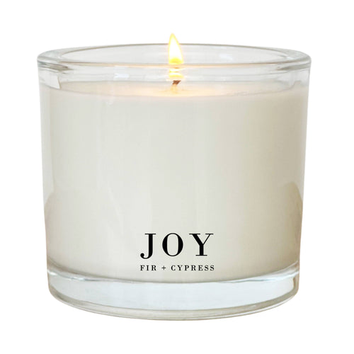 A lit candle from the Holiday Coconut Wax Candle Collection is displayed in a clear glass container at the center of the image. The wax is coconut-based and white, featuring 