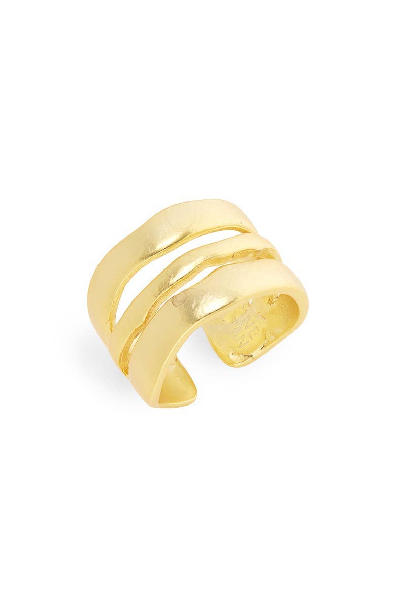 Introducing the Wavy Line Ring: a chic 24-kt gold-tone piece with a wide band elegantly divided into three wavy strands, forming an open, layered design. Made from pewter alloy, its glossy finish accentuates its contemporary, sophisticated appearance.