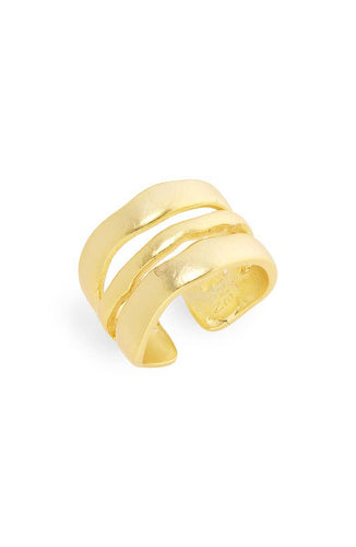 Introducing the Wavy Line Ring: a chic 24-kt gold-tone piece with a wide band elegantly divided into three wavy strands, forming an open, layered design. Made from pewter alloy, its glossy finish accentuates its contemporary, sophisticated appearance.