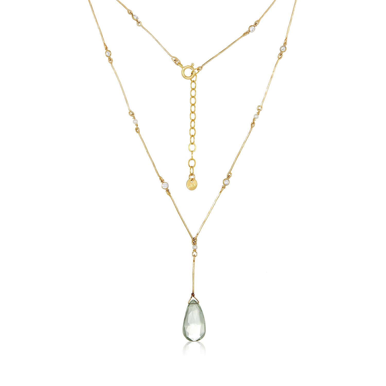 Introducing the Green Amethyst Lariat Necklace, an exquisite piece that features a layered design with delicate 14k gold-filled chains adorned with small white gemstones. This handcrafted necklace includes an adjustable clasp and showcases an elongated teardrop-shaped green amethyst pendant at the center, adding a sophisticated touch.
