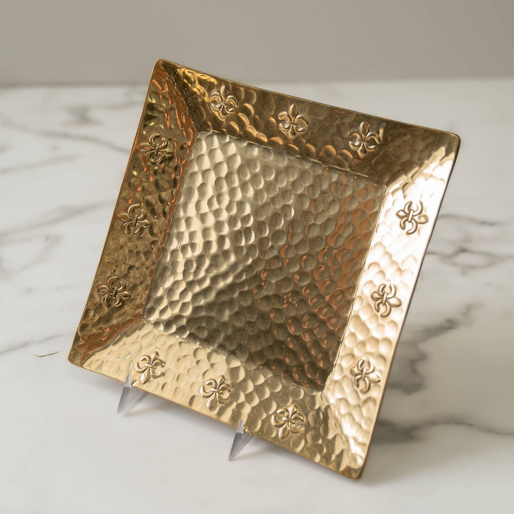 Hammered Gold Aluminum Fleur-de-lis Border Square Tray