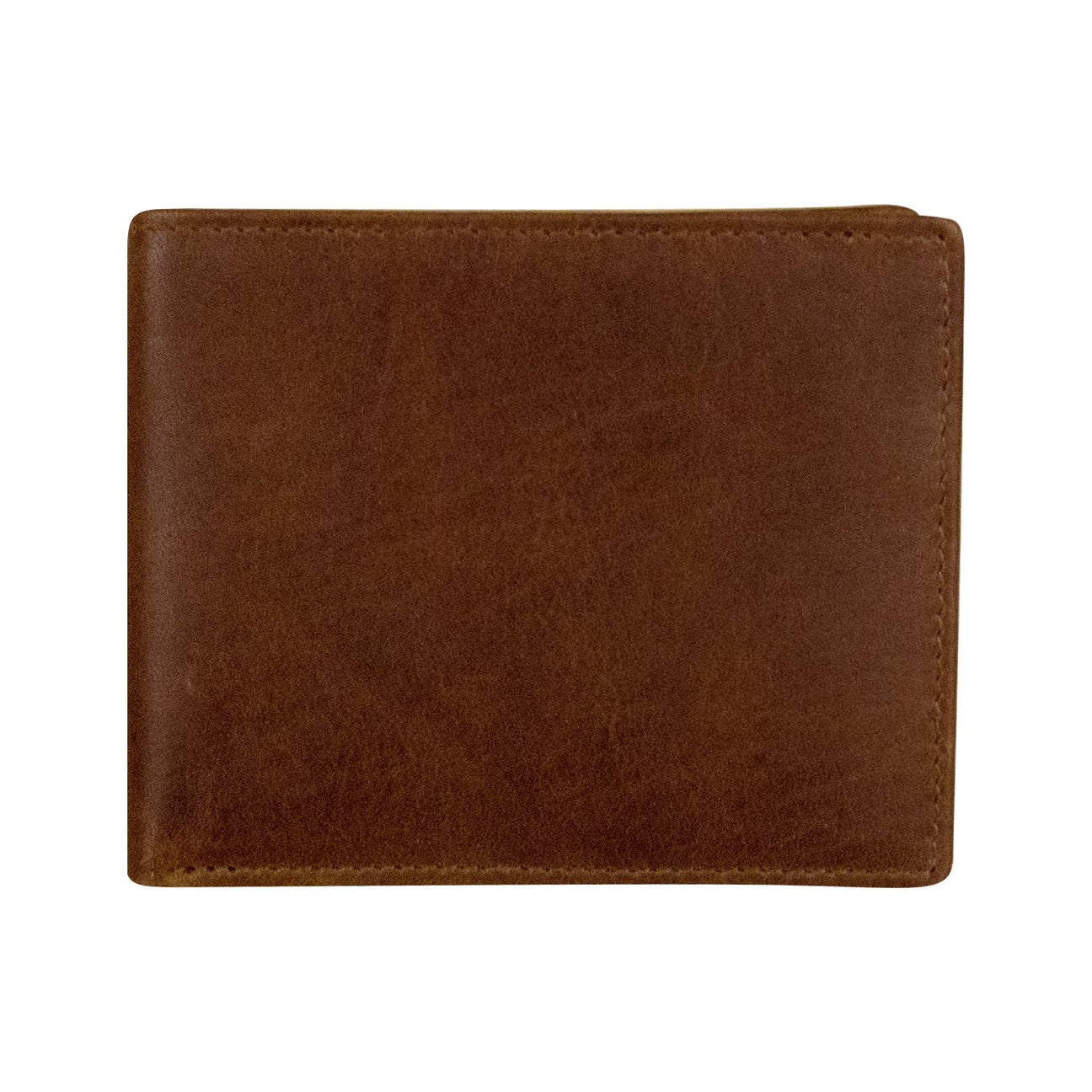 The Men's Slim Bifold Leather Wallet, crafted from quality leather with a slight sheen, expertly closed against a white background. It showcases visible stitching with a classic minimalist design that includes credit card slots and RFID blocking technology.