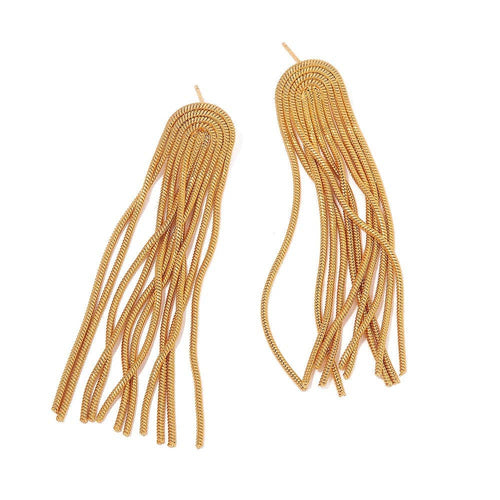 The Addison Statement Earrings feature gold-tone elements with multiple cascading strands and coiled tops, creating a textured and elegant appearance. Plated in 18K gold, they are hypoallergenic for comfortable wear. Set against a white background, these earrings beautifully highlight their intricate craftsmanship.