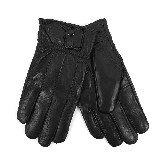 A pair of Men's Genuine Leather Winter Gloves with Soft Acrylic Lining, featuring a sleek black design with snap button closures, is arranged flat. The gloves showcase a smooth texture with stitched detailing on the fingers and wrist. They also include an elastic wrist for a snug fit and warm acrylic lining, with one glove slightly overlapping the other.