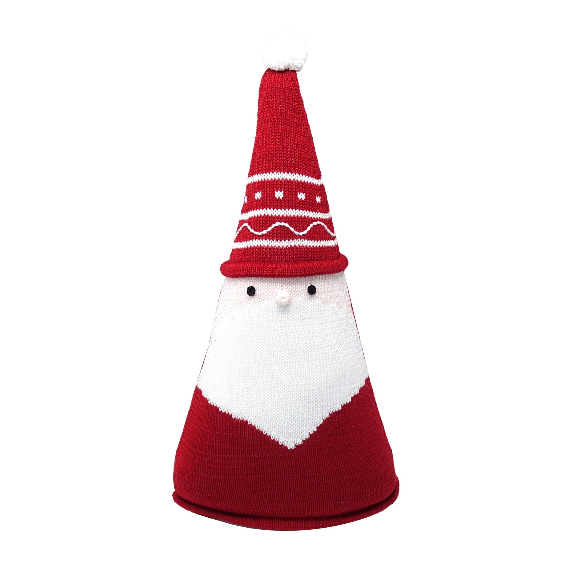 This Santa Cone Pillow is a 15" handmade figure that resembles Santa Claus. It features a tall red hat adorned with white stripe and zigzag patterns, a white face with small black eyes, and no mouth. The body is cloaked in red knit and finished with a white pom-pom on top of the hat.