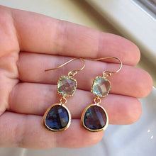 Load image into Gallery viewer, Sapphire Navy Prasiolite Glass and Gold Plated Earrings
