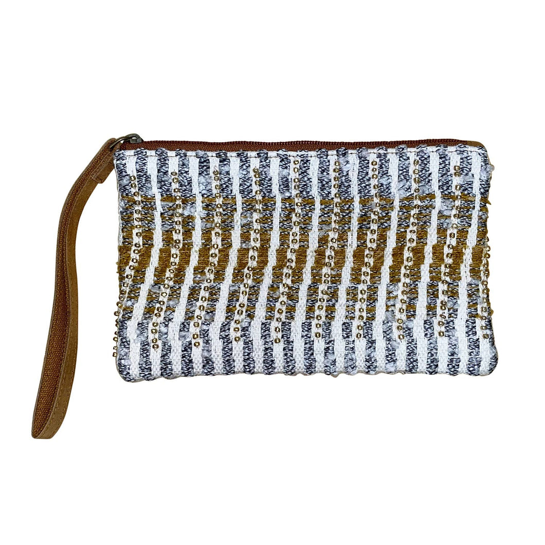 Gold White Striped Beaded Wristlet